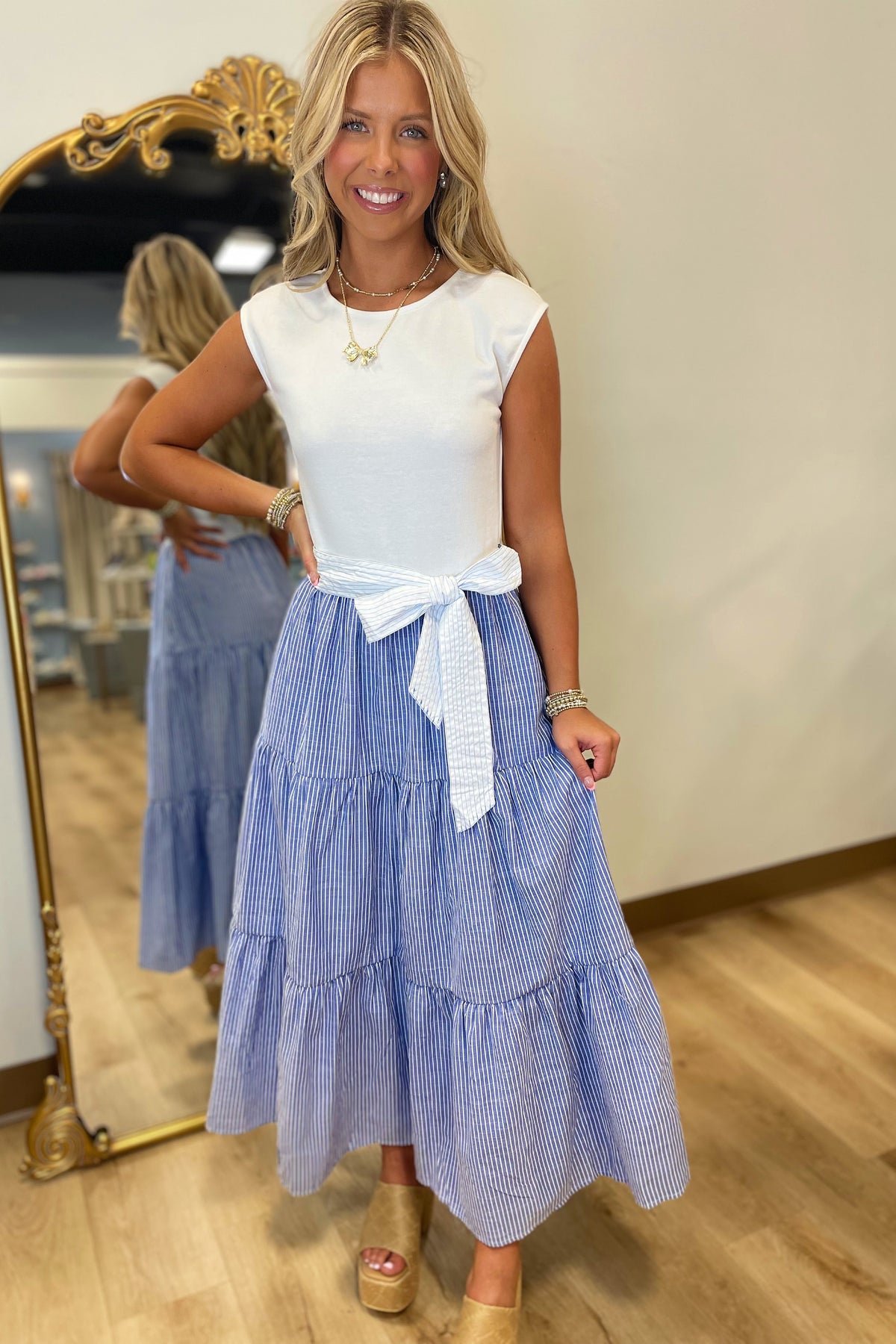 European Summer Combo Striped Dress Blue