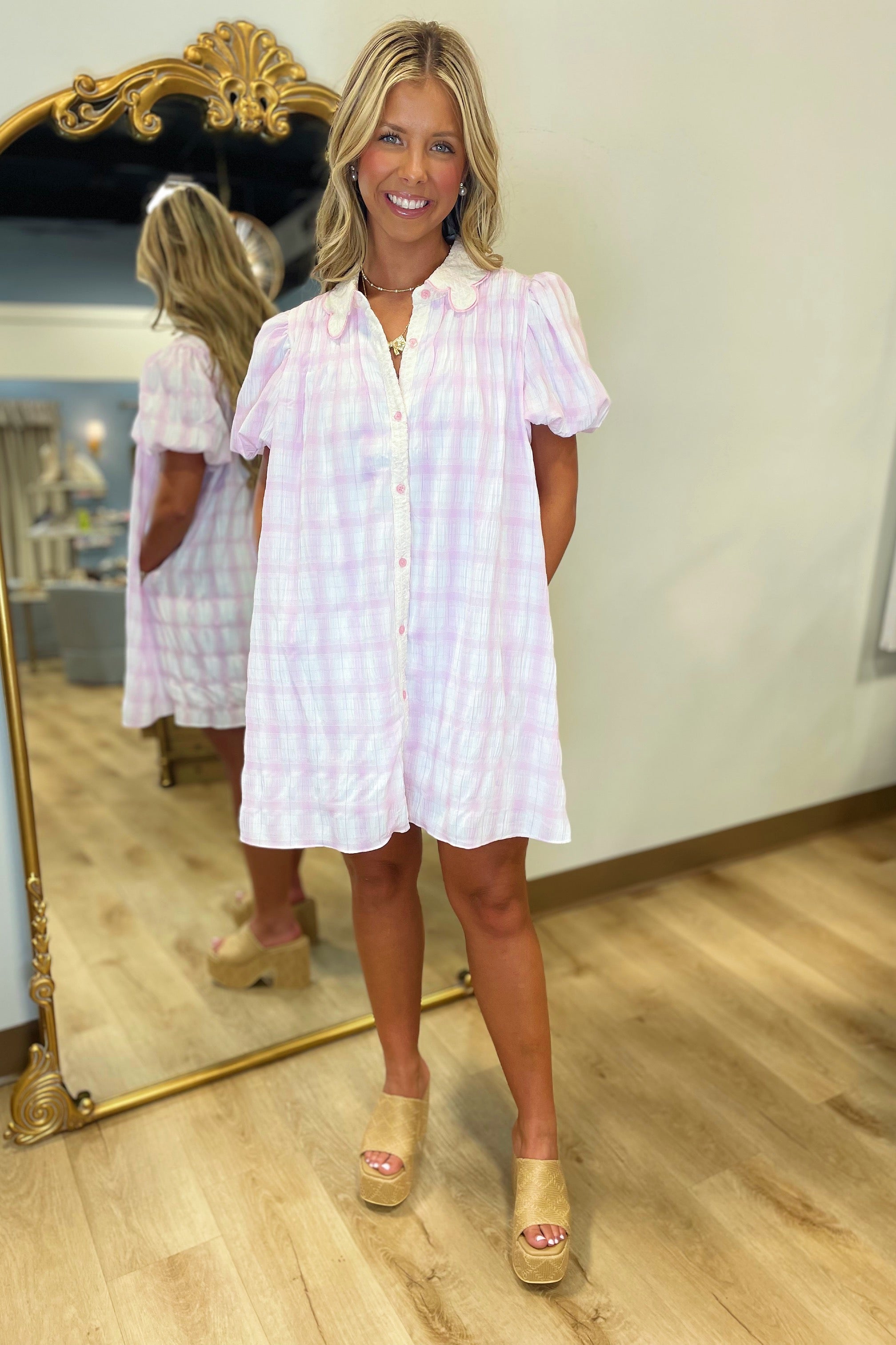 Soft Rosy Plaid Button Front Dress Pink