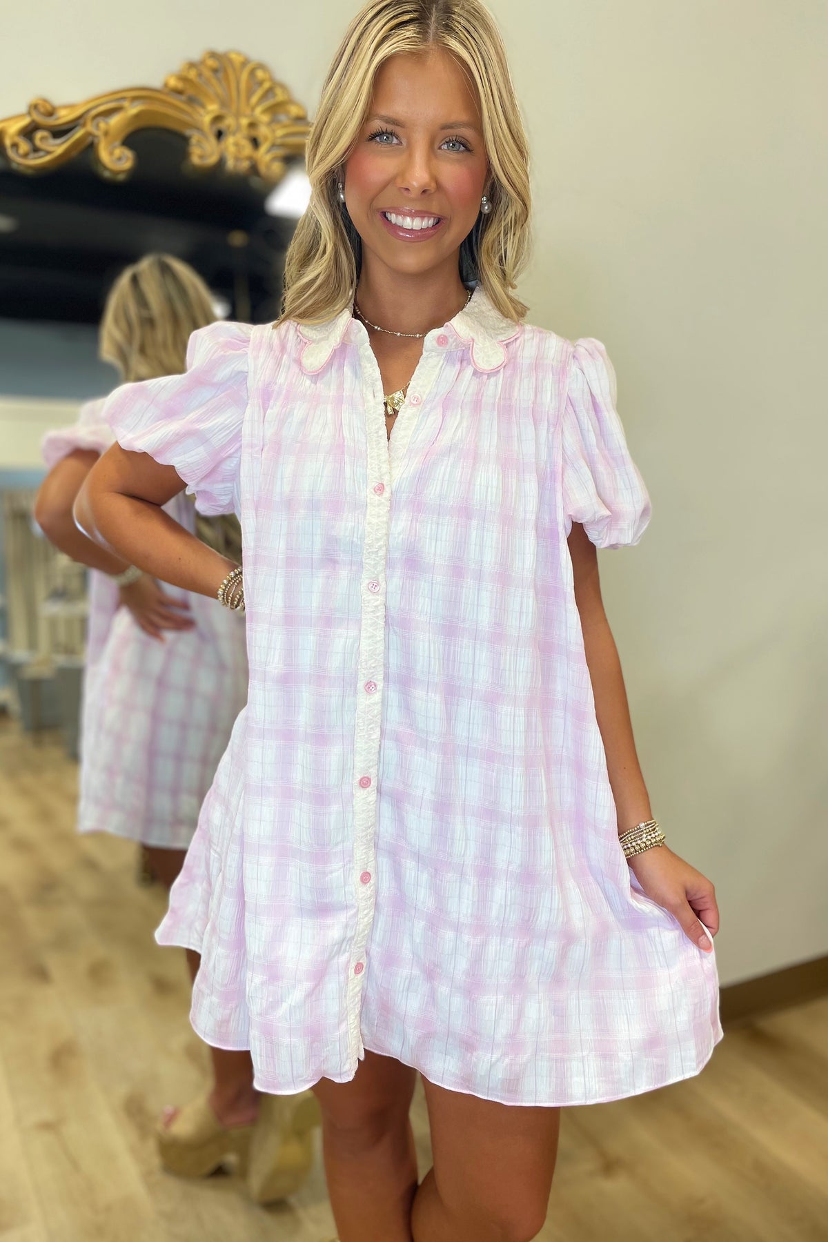 Soft Rosy Plaid Button Front Dress Pink