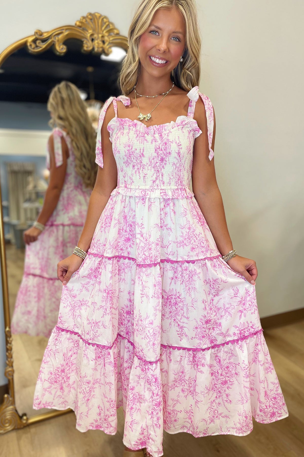 toile pink dress Lulus | White and Pink Toile Tie-Strap Tiered Midi Dress | Womens | XXL (Available in XL)