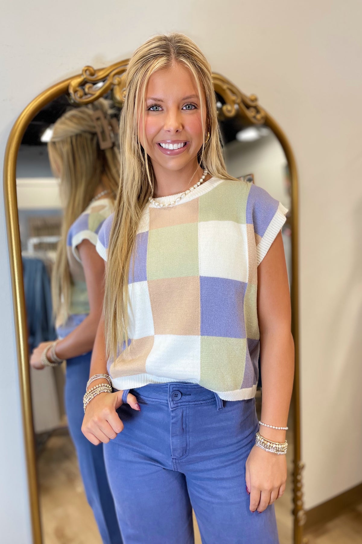 Check Yes or No Sweater Dusty Blue