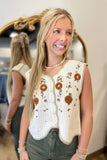 Floral Embroidery Sleeveless Crochet Vest Cream
