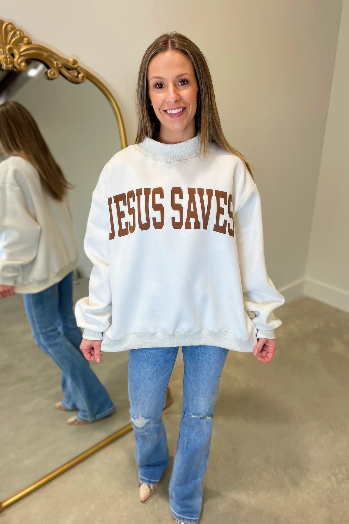 RESTOCK Jesus Saves Reversible Mock Neck Sweatshirt Brown