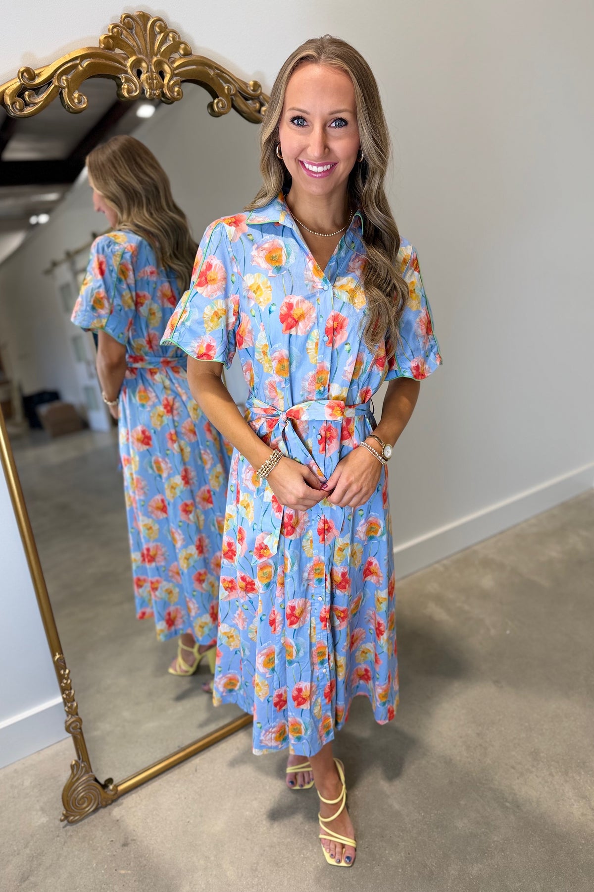 Umgee Shoreline Floral Button Front Midi Dress Blue