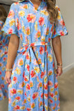 Umgee Shoreline Floral Button Front Midi Dress Blue