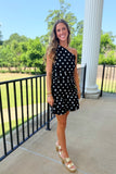 Playmaker Polka Dot One Shoulder Dress Black