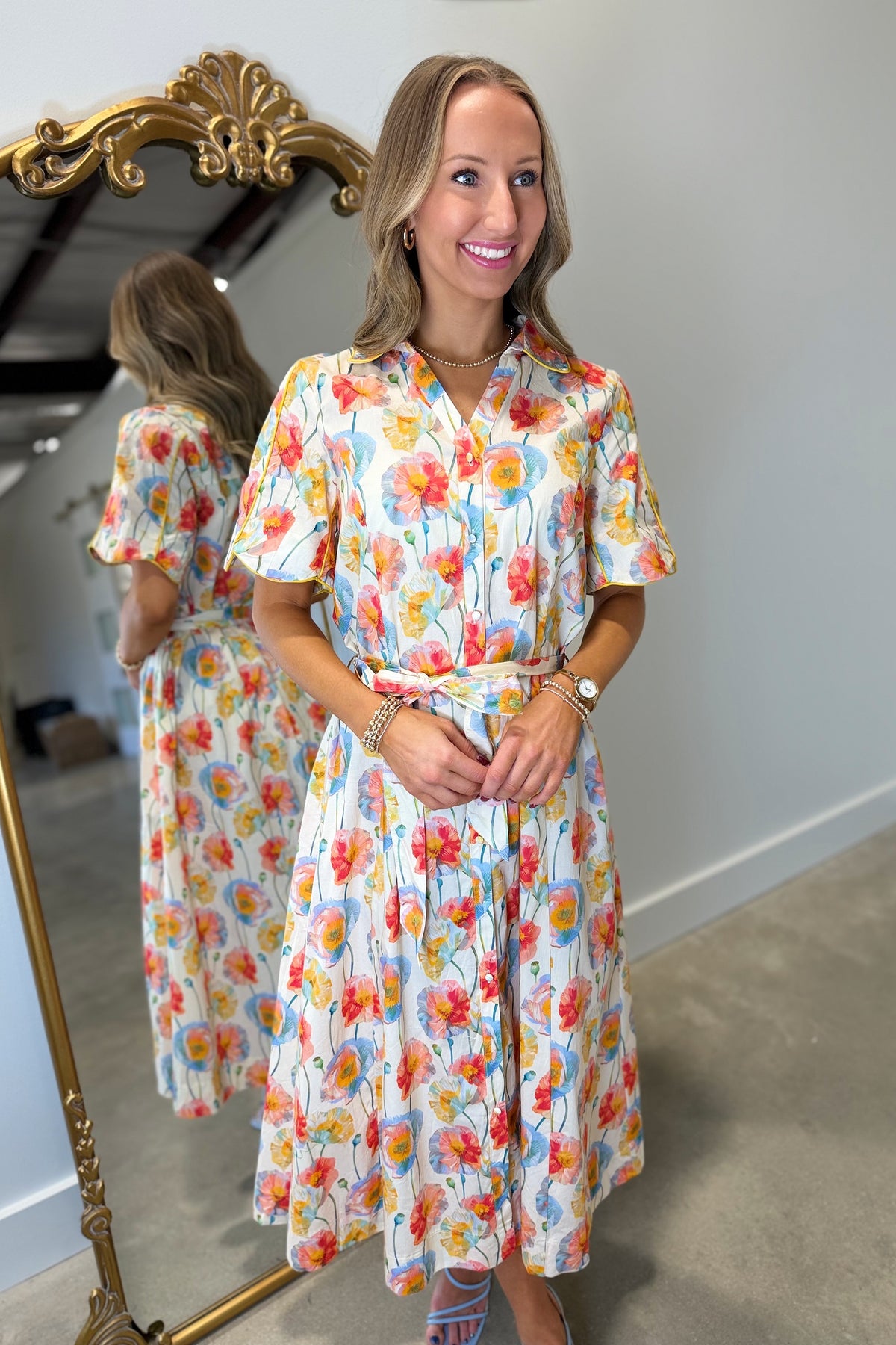 Umgee Shoreline Floral Button Front Midi Dress Cream