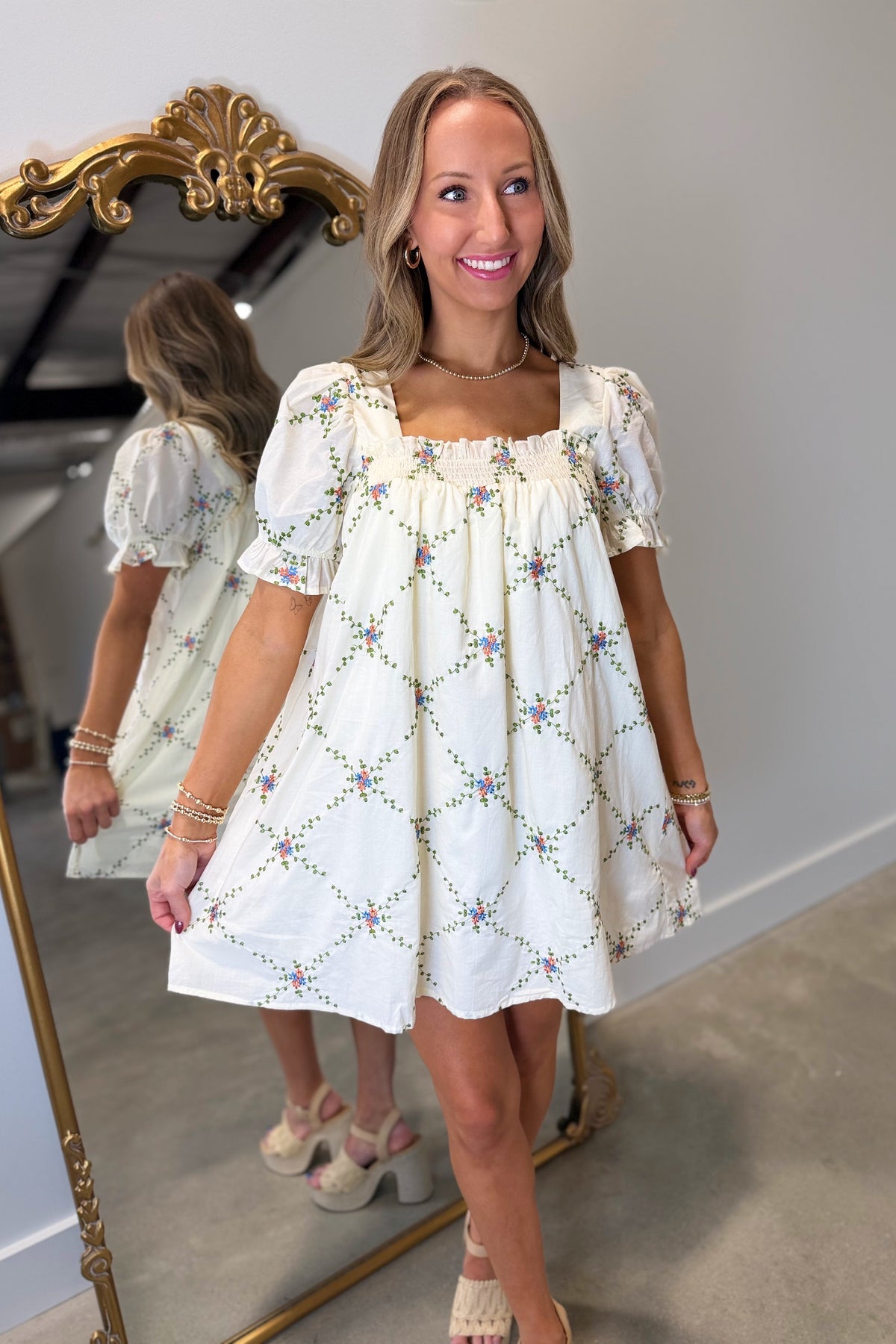 Embroidered Spring Dress Cream