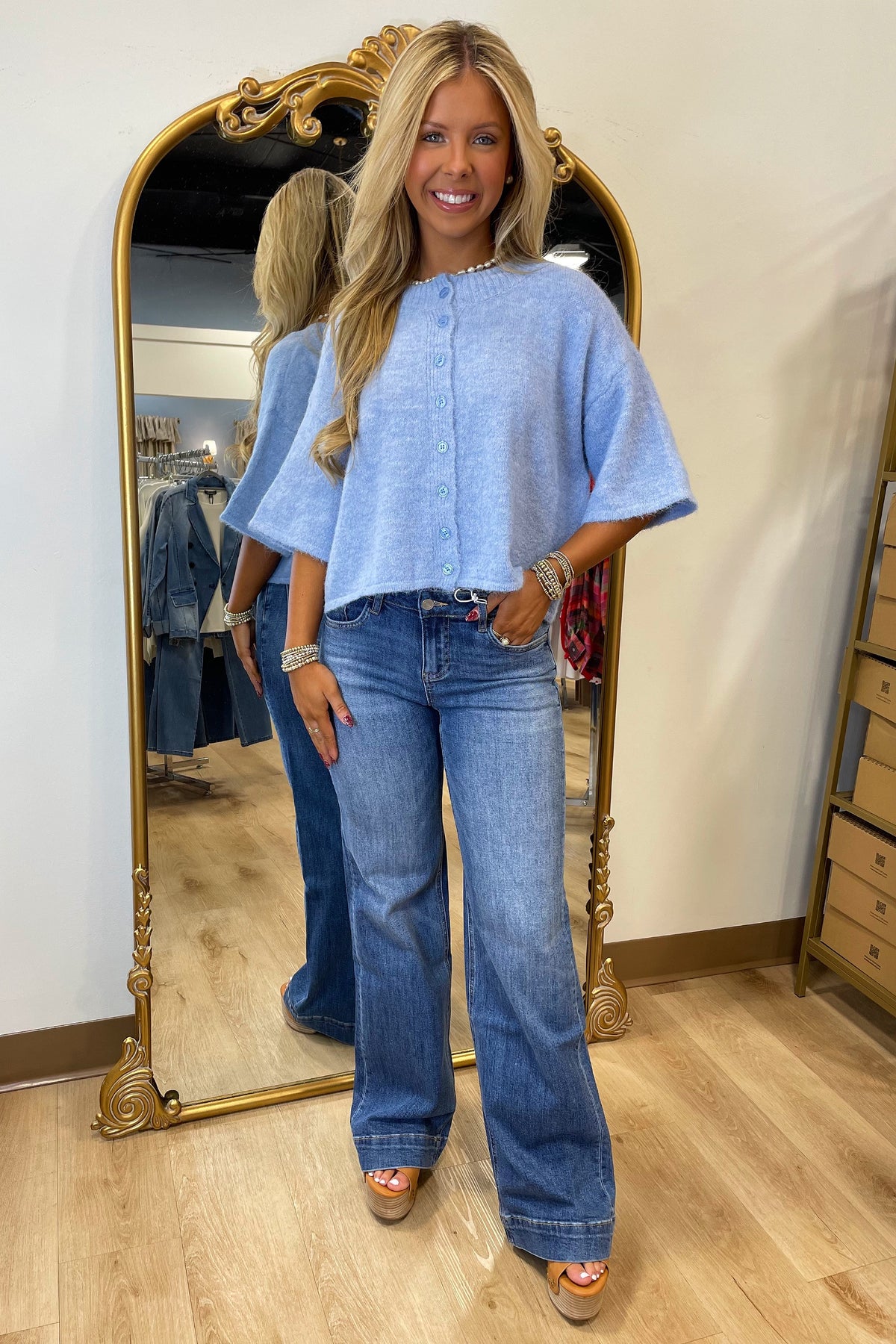 Boxy Buttoned Knit Cardigan Blue