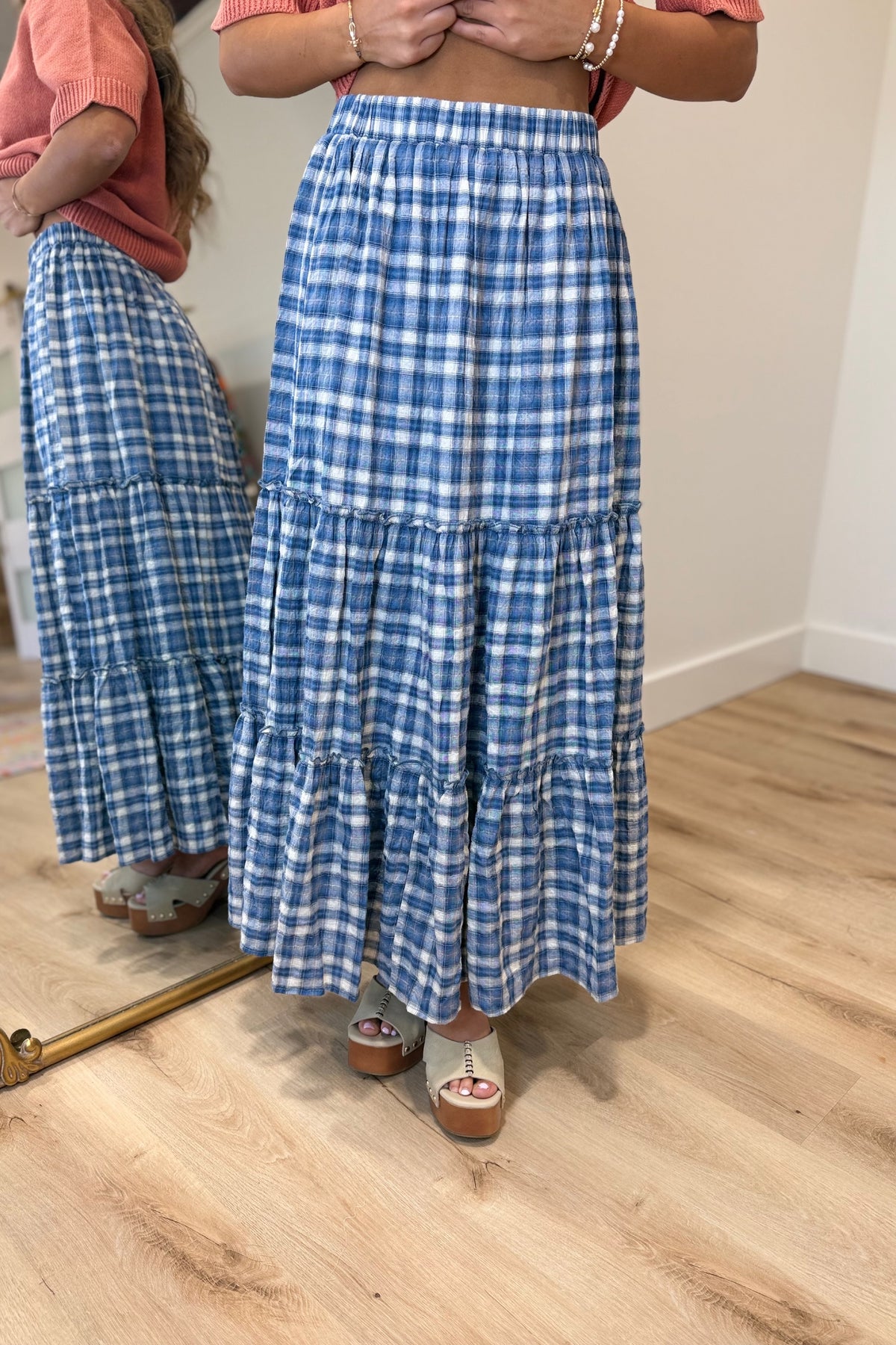 Pretty Plaid Midi Skirt Blue