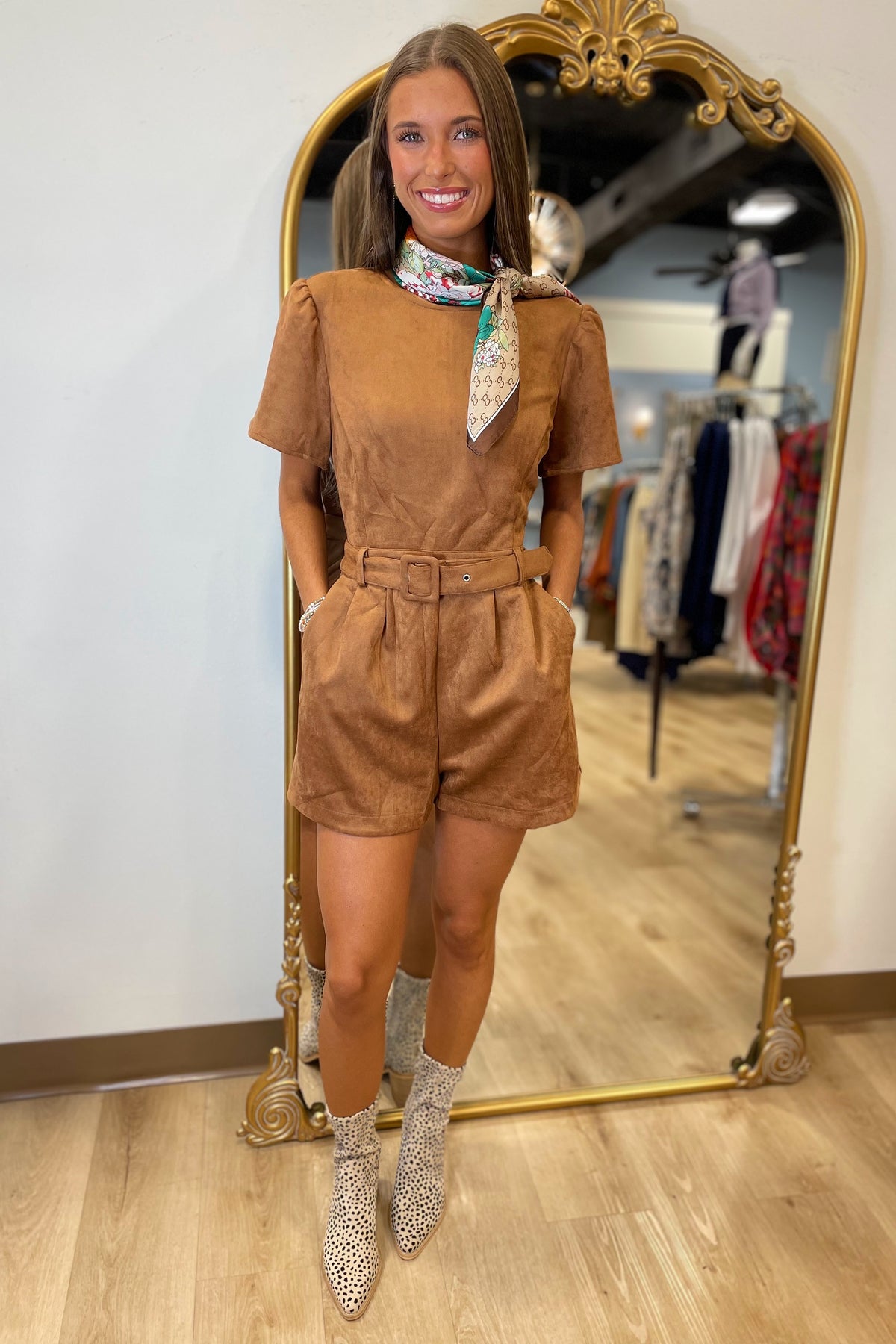 Suede Belted Romper Camel