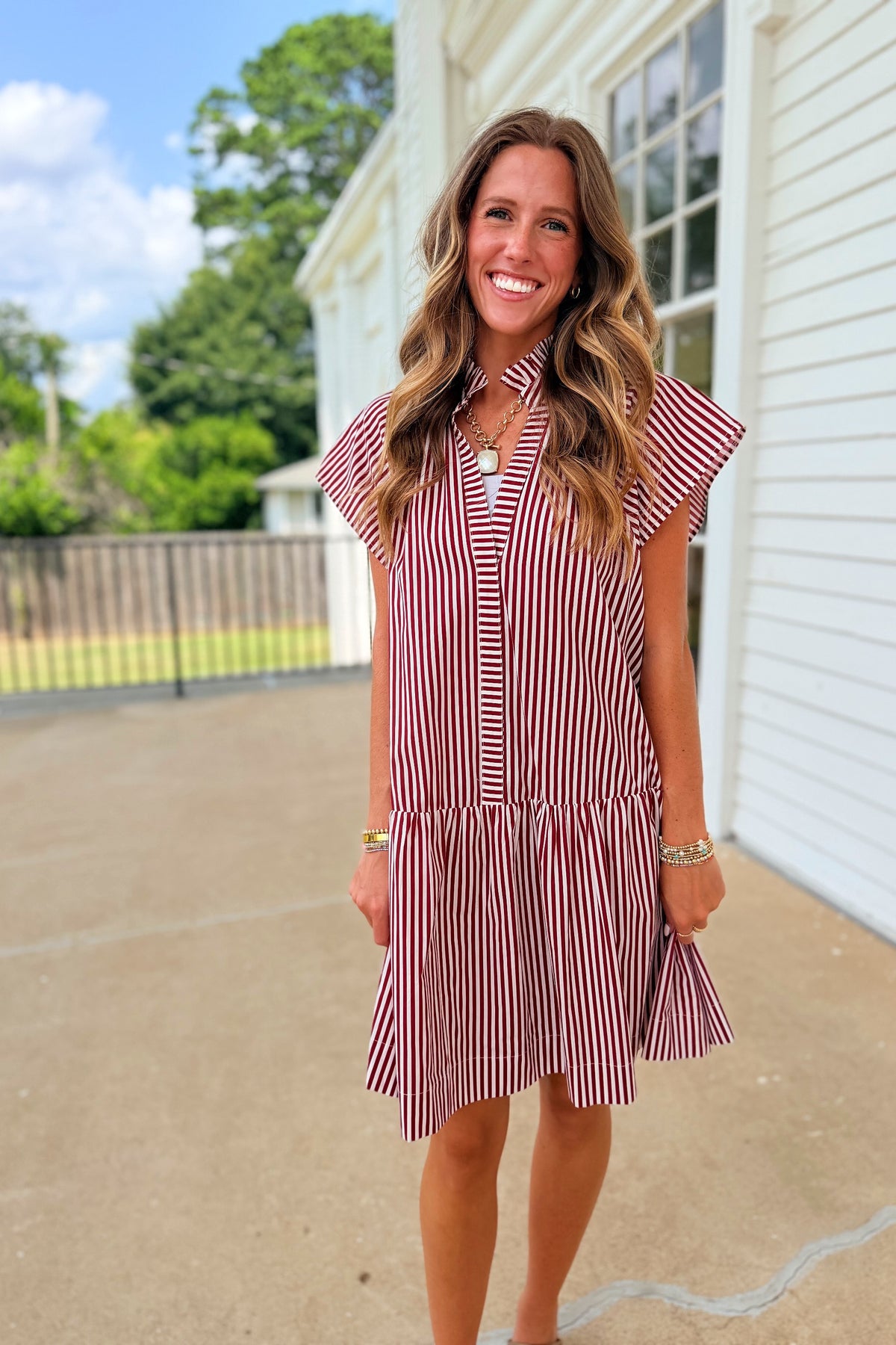Saturdays in Starkville Striped Dress Burgundy