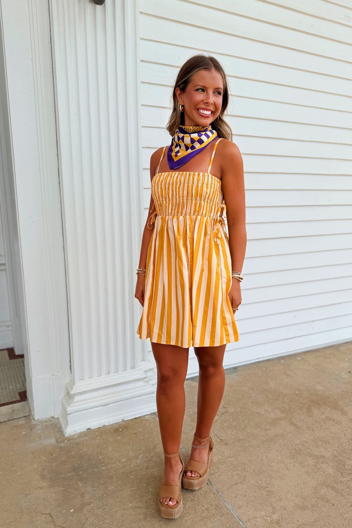 Striped and Smocked Dress Gold