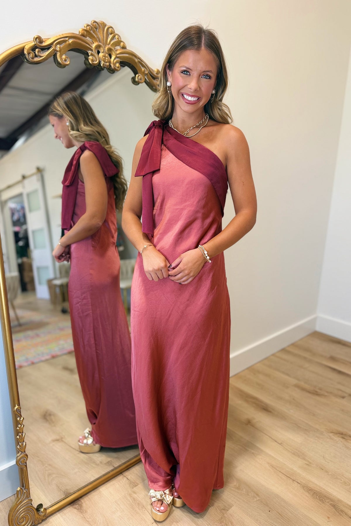 Color Block Satin One Shoulder Midi Dress Wine