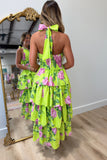 Chartreuse Bloom Tiered Halter Dress