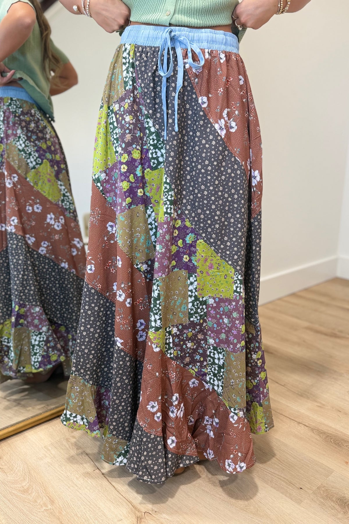 Falling Leaves Mixed Patchwork Skirt Mocha Grey