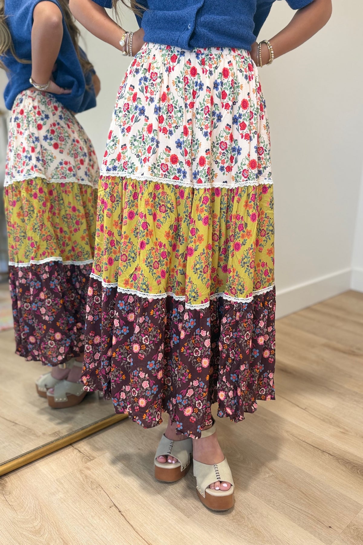 Mixed Media Floral Midi Skirt