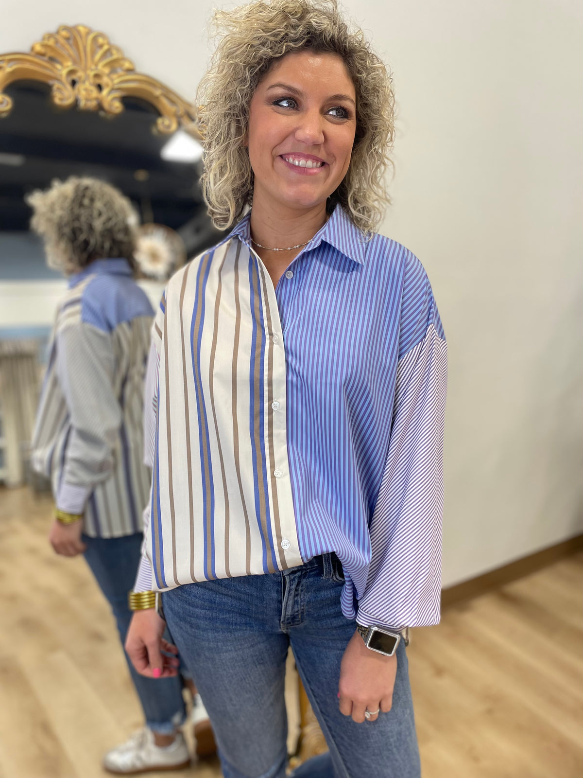 Striped Story Long Sleeve Blouse Blue