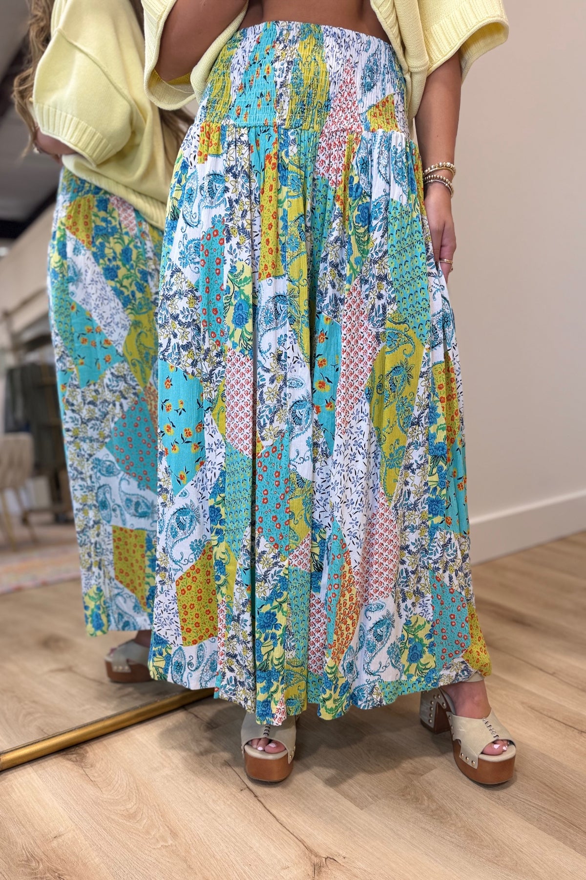 Fall Into Color Patch Print Wide Leg Pants