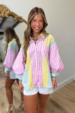 Pastel Patchwork Stripe Button-Up Shirt Sorbet