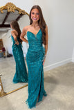 Emerald Elegance Sequined Prom Dress