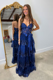 Moonlight Muse Tiered Prom Dress Navy