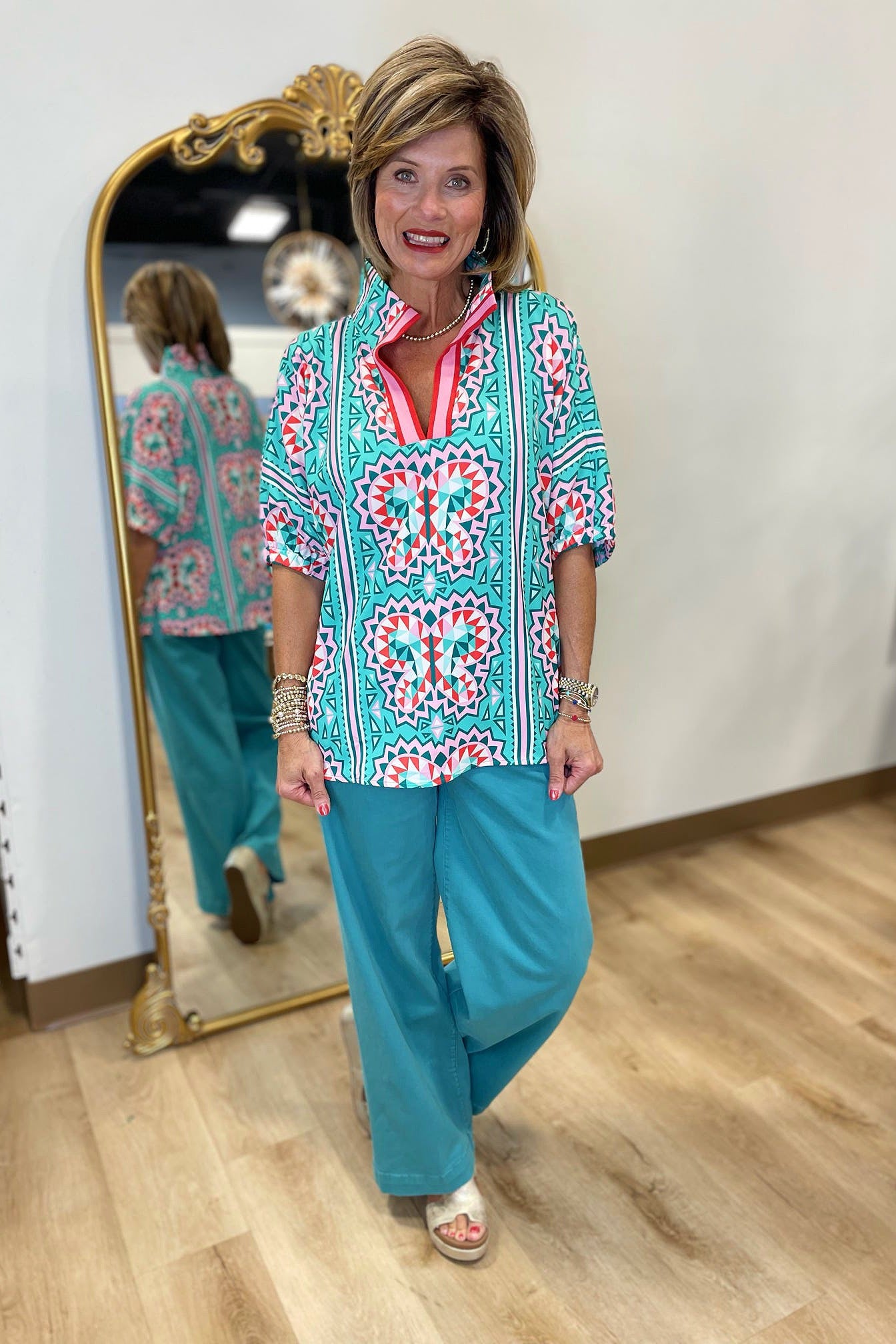 Teal Geometric Pattern Blouse