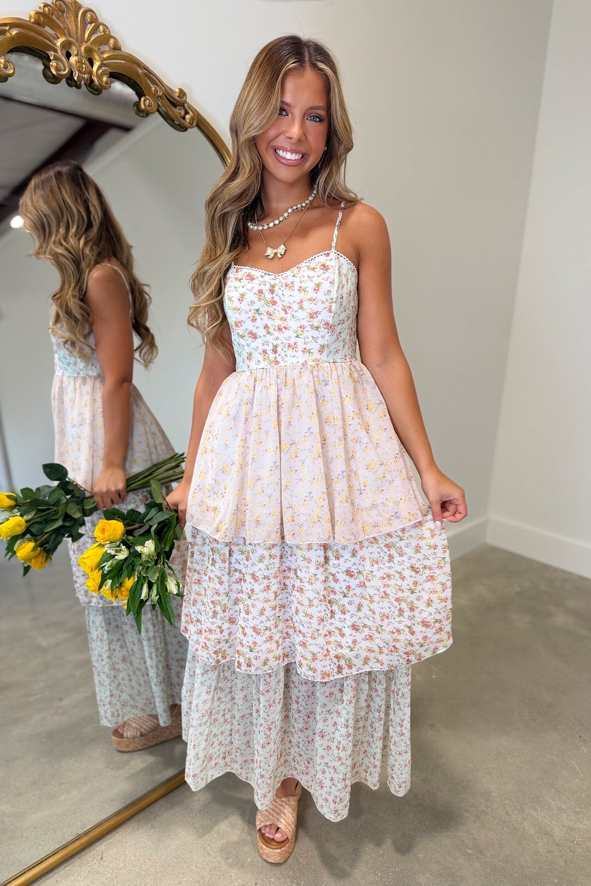 Blooming Tiers Midi Dress Green