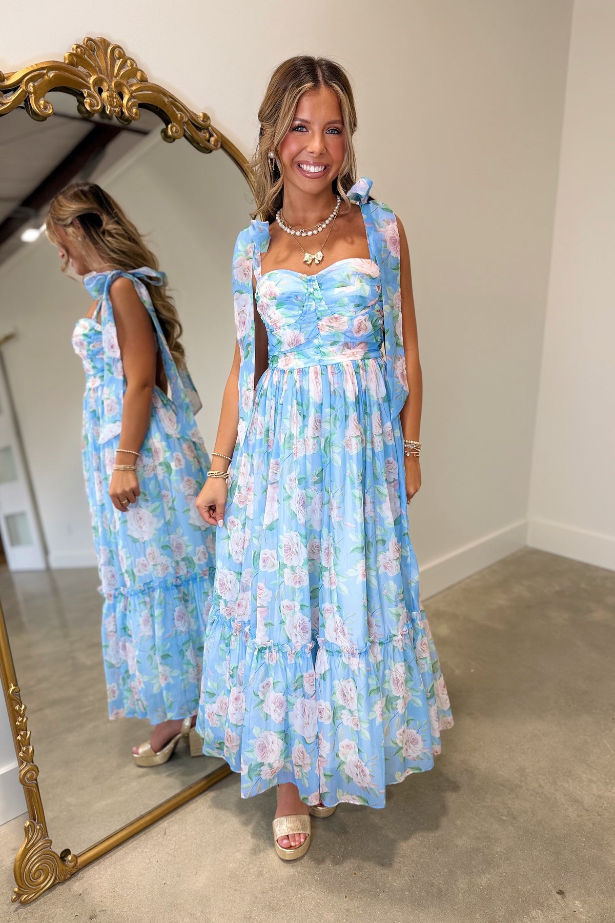 Meadow Mist Floral Shoulder Tie Dress Blue