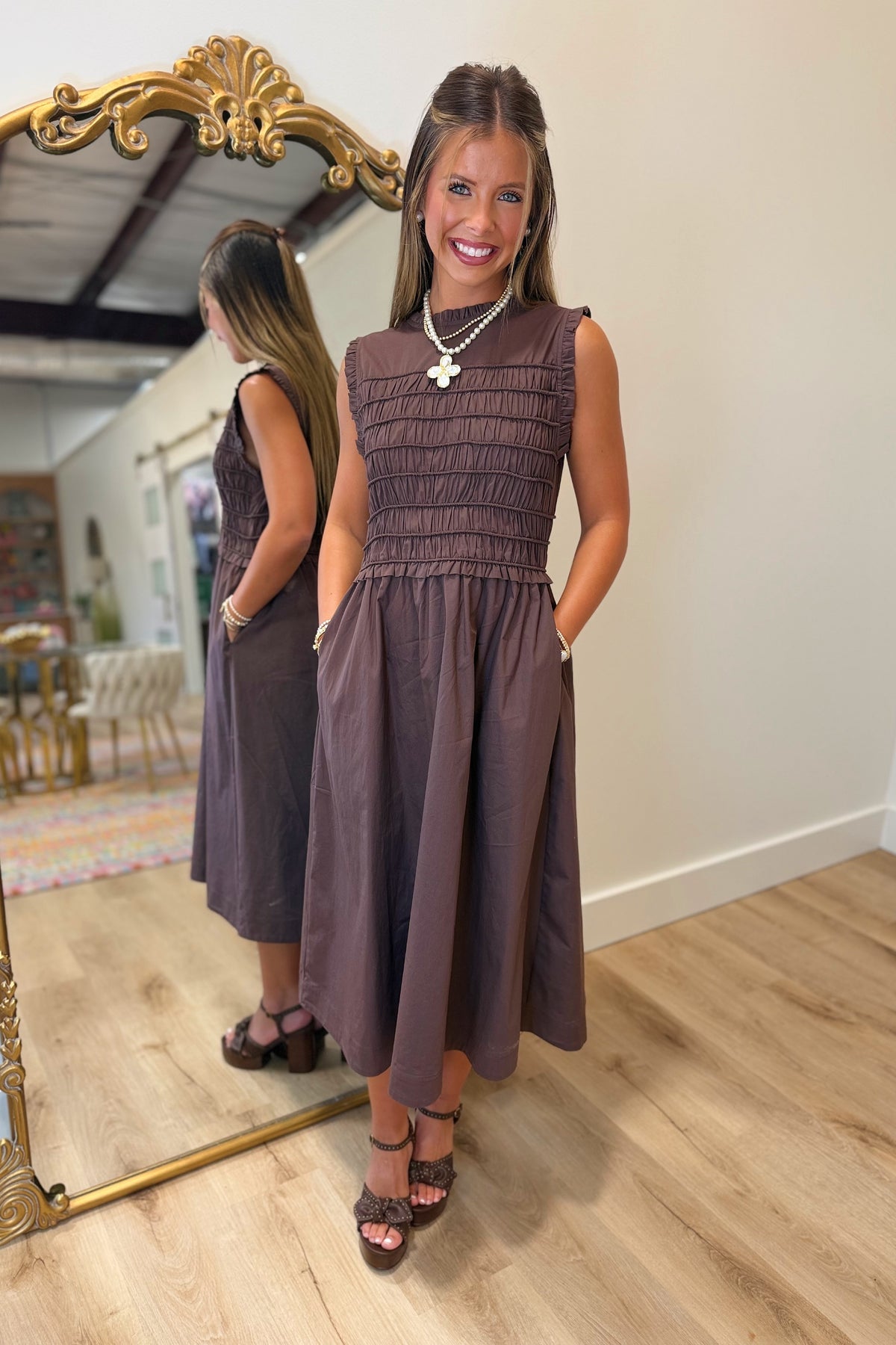 Hattie Smocked Midi Dress Brown