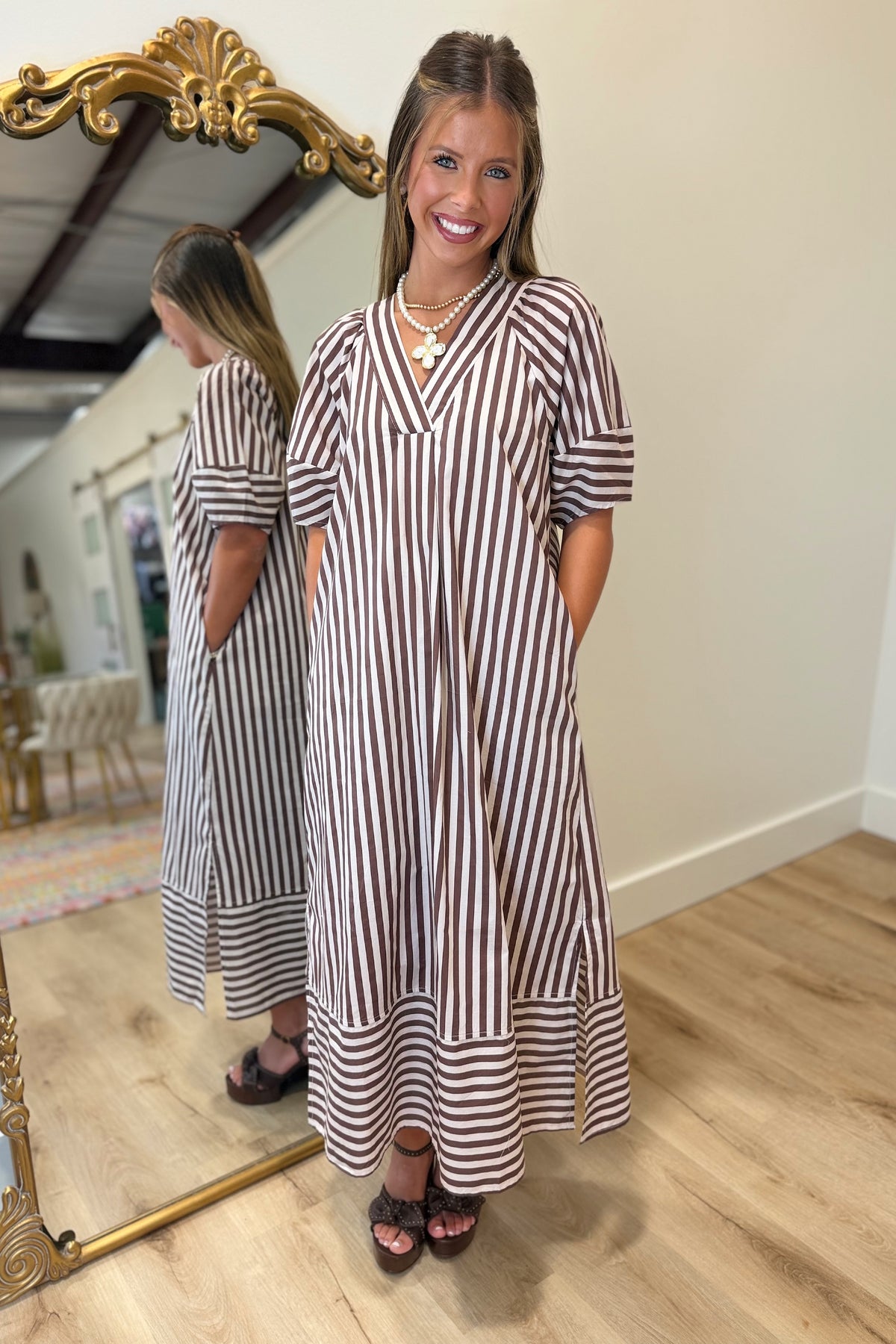 Bristol Striped Midi Dress Brown