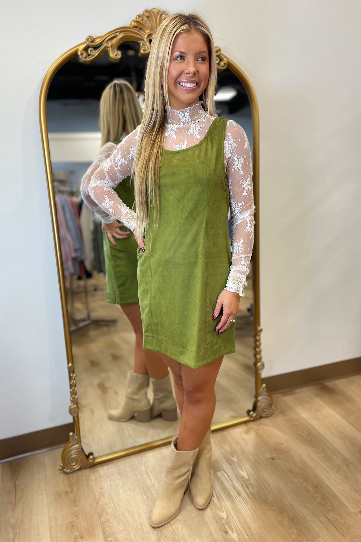 Olive Spiced Suede Overall Dress