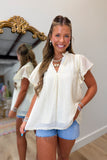 Umgee Flutter Sleeve Lined Blouse Cream