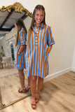 Social Stripes Short Sleeve Dress Brown Blue