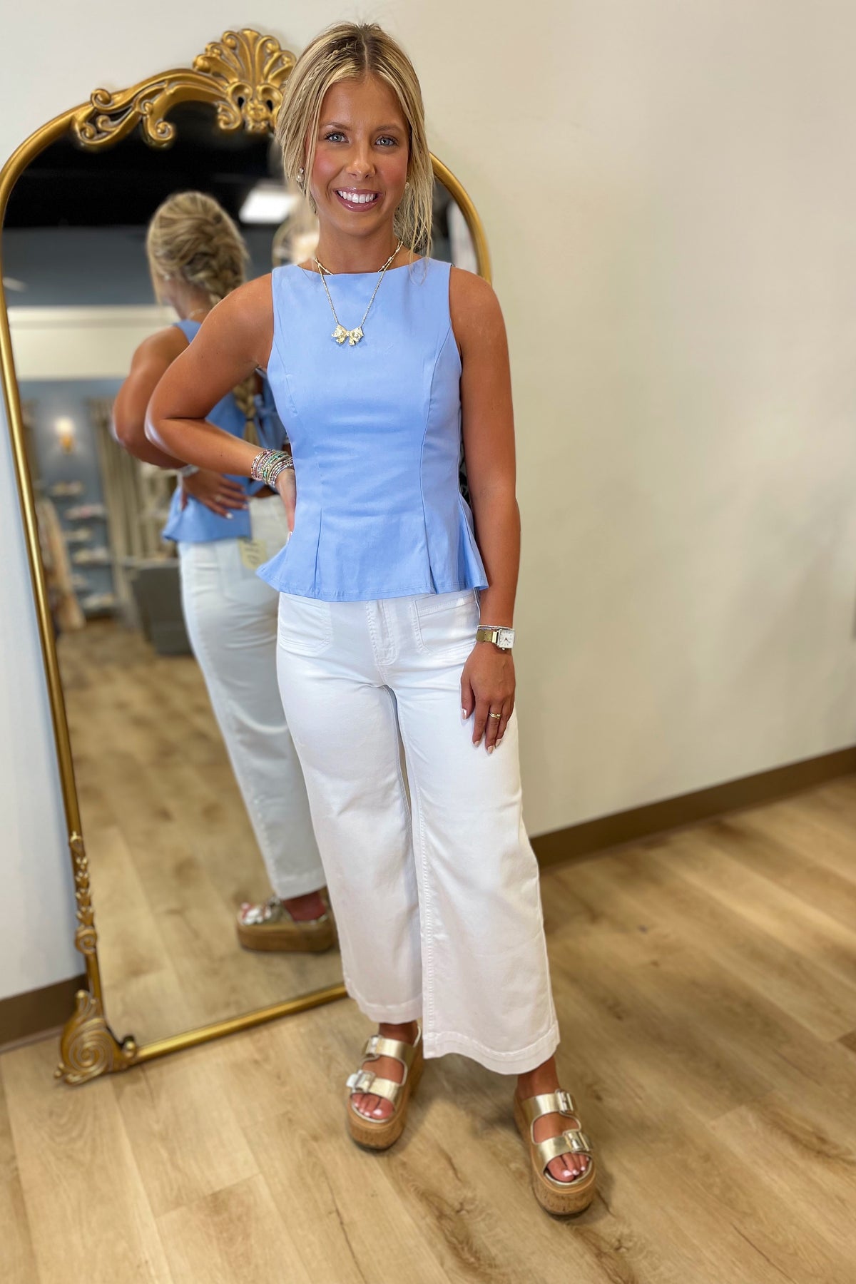 Boat Neck Bow Tie Top Blue