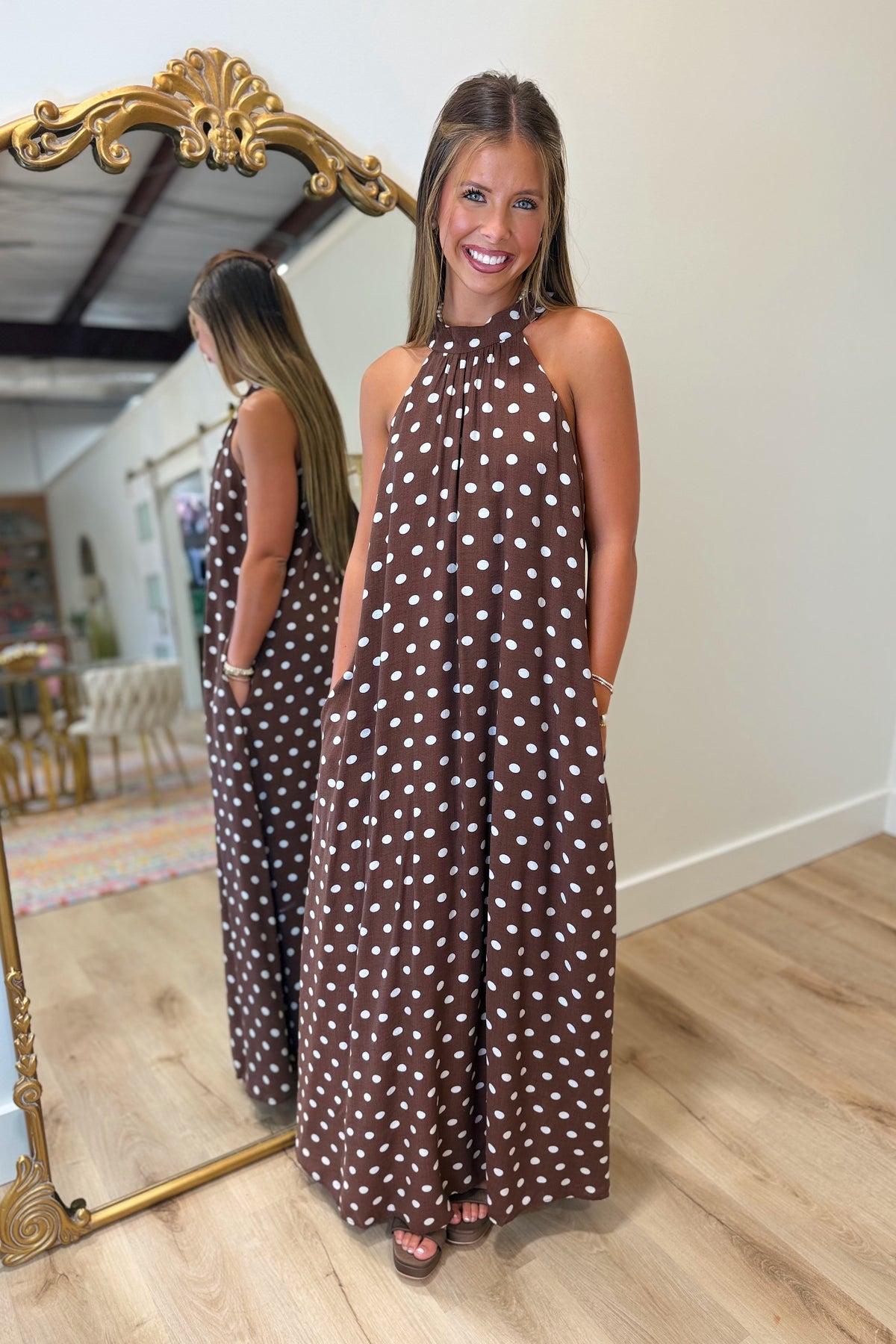 Chloe Polka Dot Halter Dress Brown