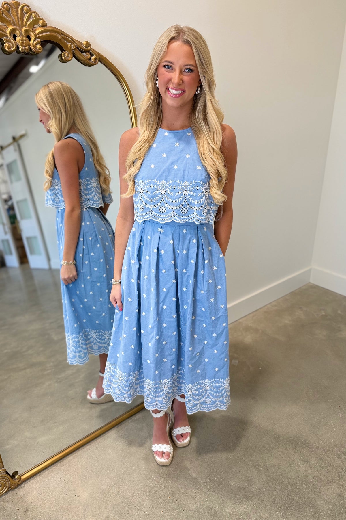 Evelyn Eyelet Dress Blue