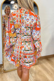 Patchwork Print Ruffled V Neck Dress Orange