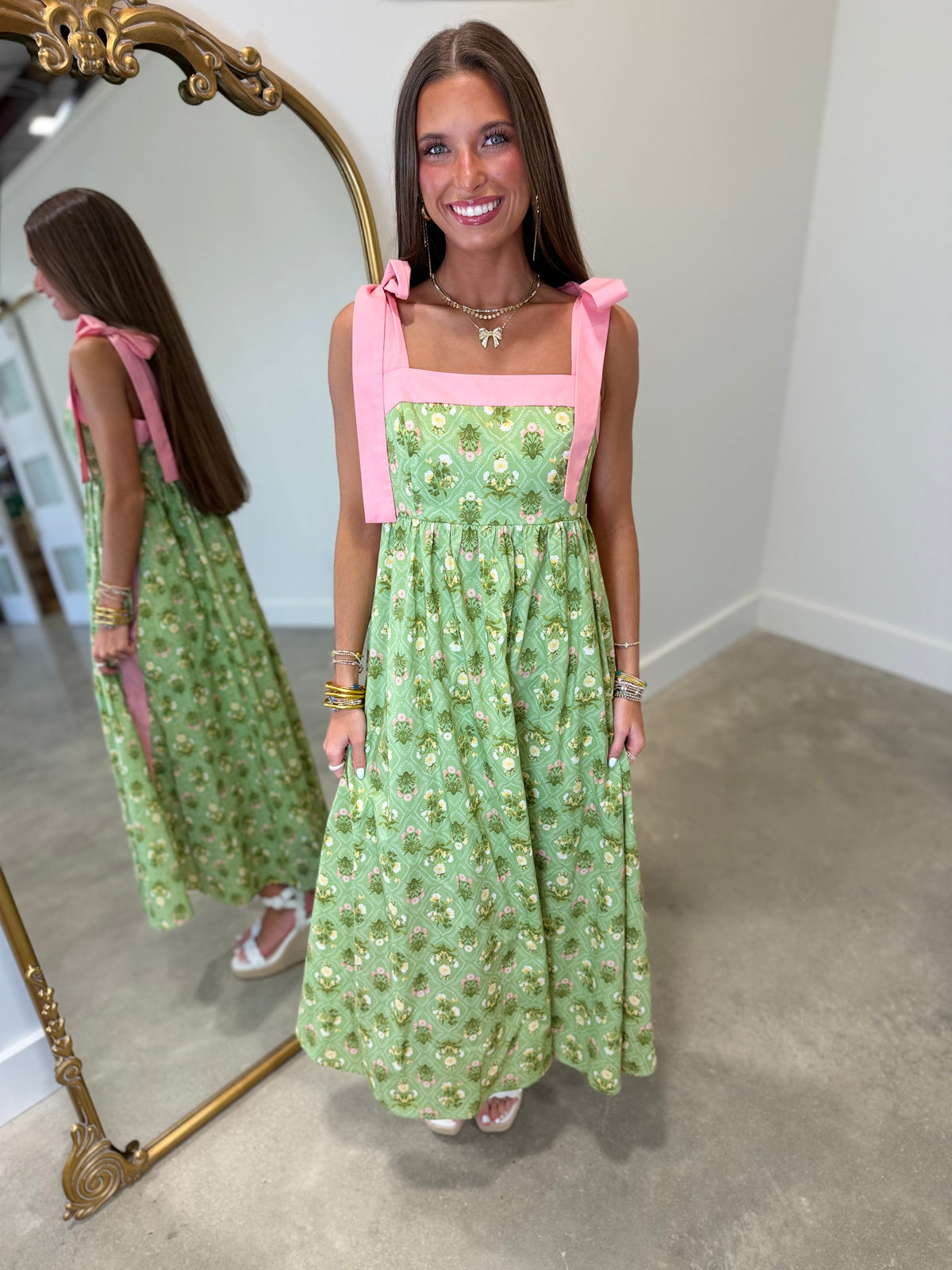 Garden Darling Shoulder Tie Dress Green