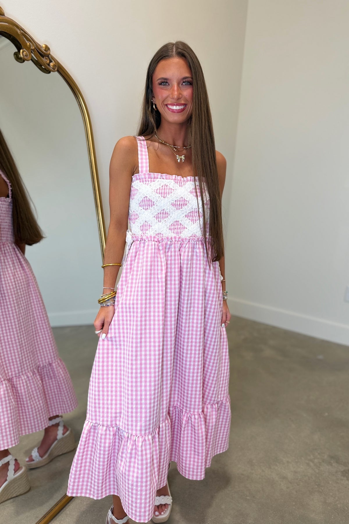 Diagonal Lace Gingham Midi Dress Pink