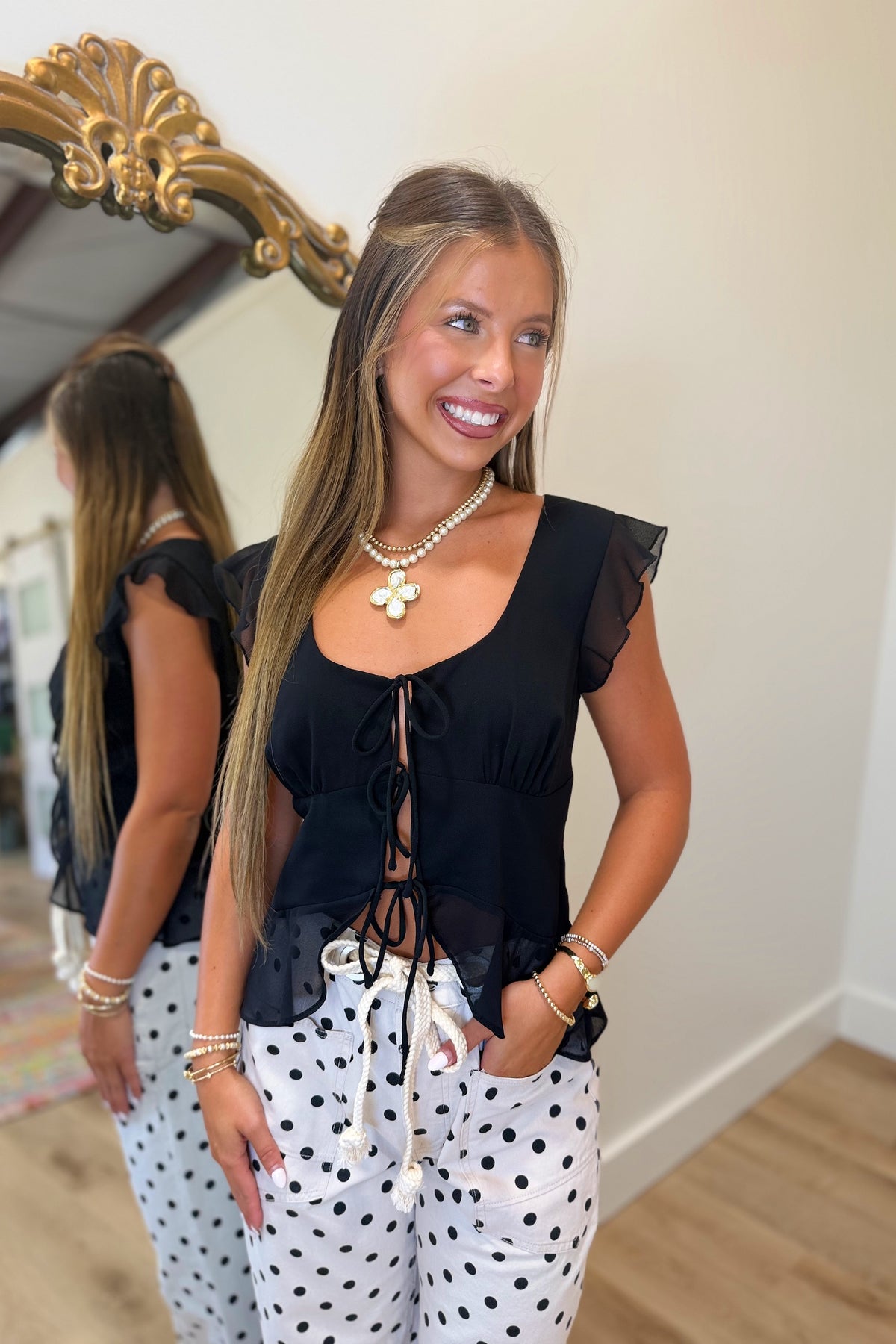 Hallie Ruffle Tie Front Top Black