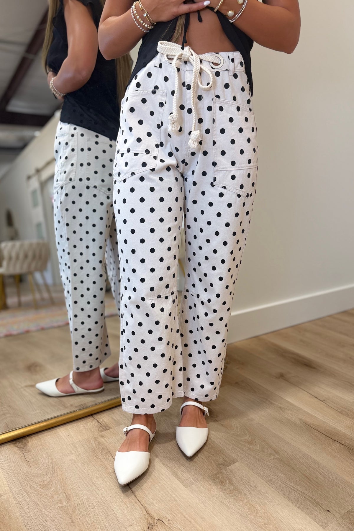 Jess Polka Dot Drawstring Barrel Jeans Cream
