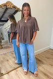 Adored Pleated Bubble Sleeve Blouse Brown