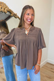 Adored Pleated Bubble Sleeve Blouse Brown