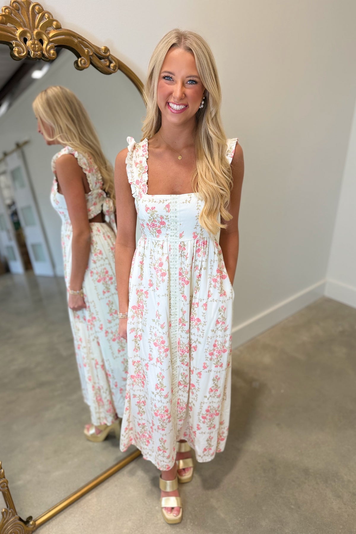 Romantic Floral Open Back Midi Dress