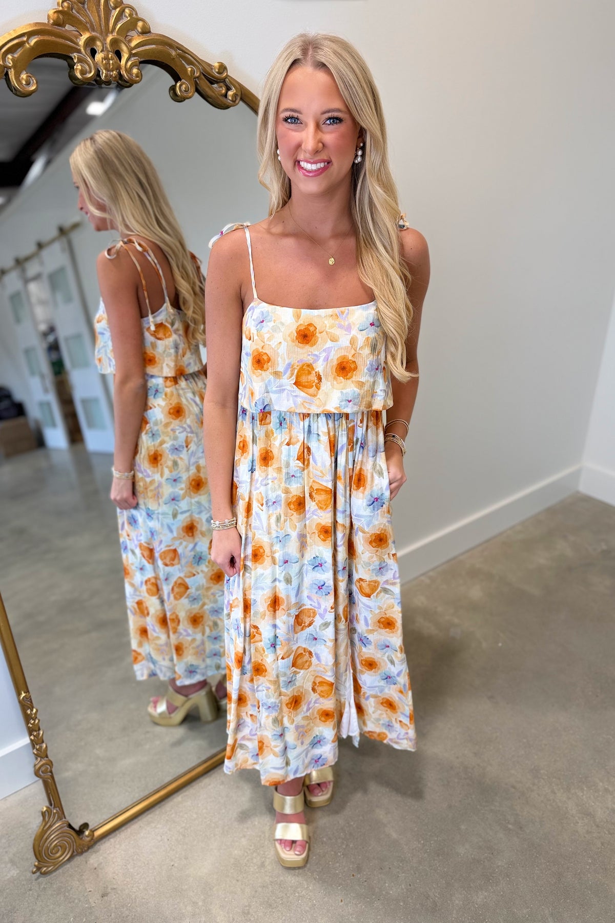 Sunset Skies Floral Tie Midi Dress