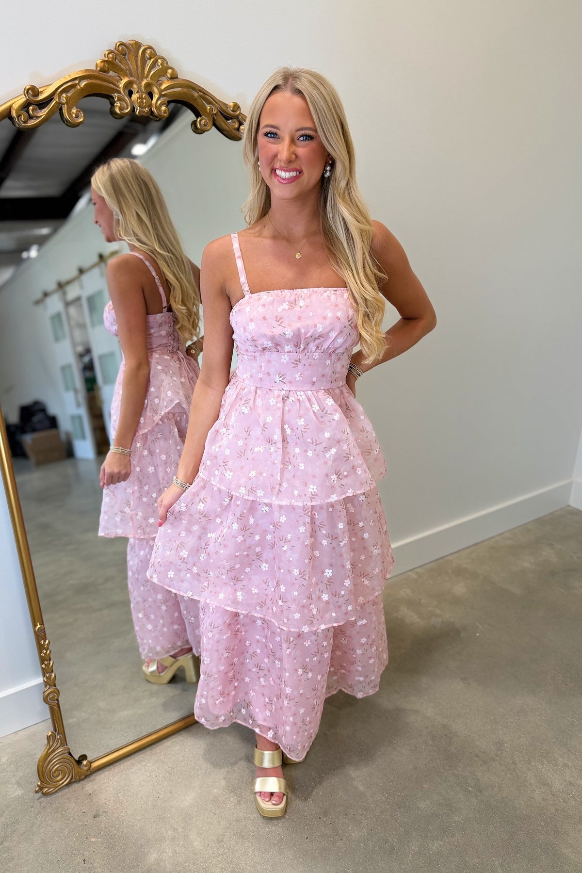 Floral Printed Organza Tiered Midi Dress