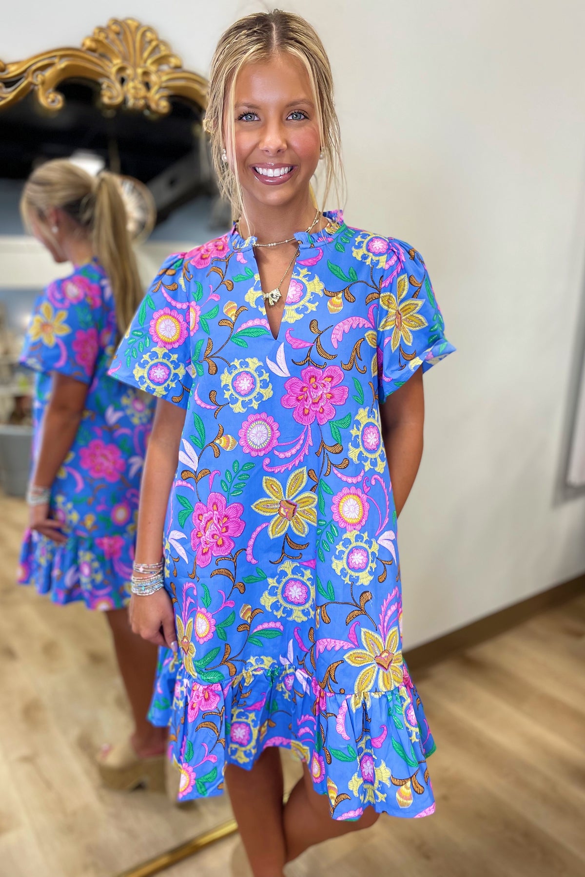 Faro Floral Mini Dress Blue