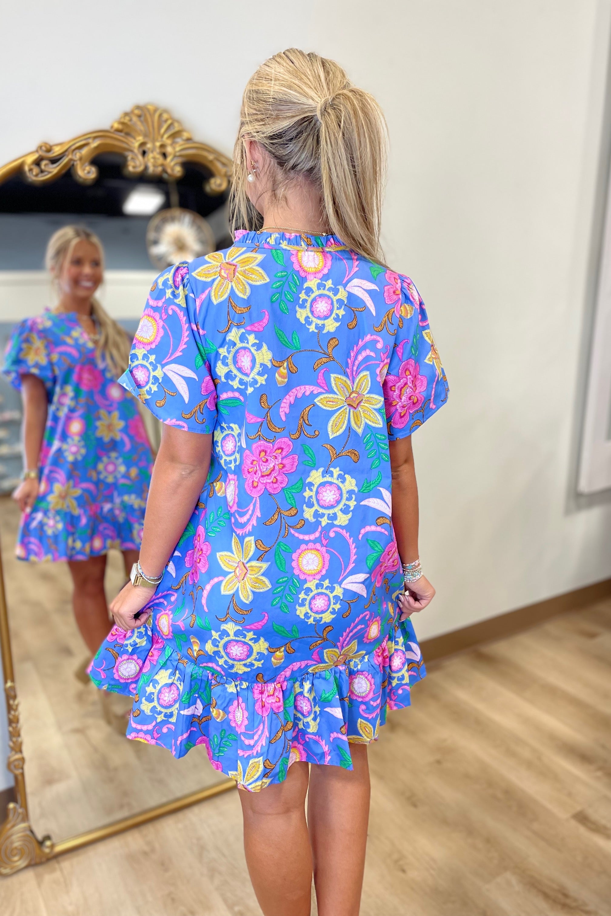 Faro Floral Mini Dress Blue