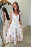 Floral Embroidered Eyelet Shoulder Tie Maxi Dress